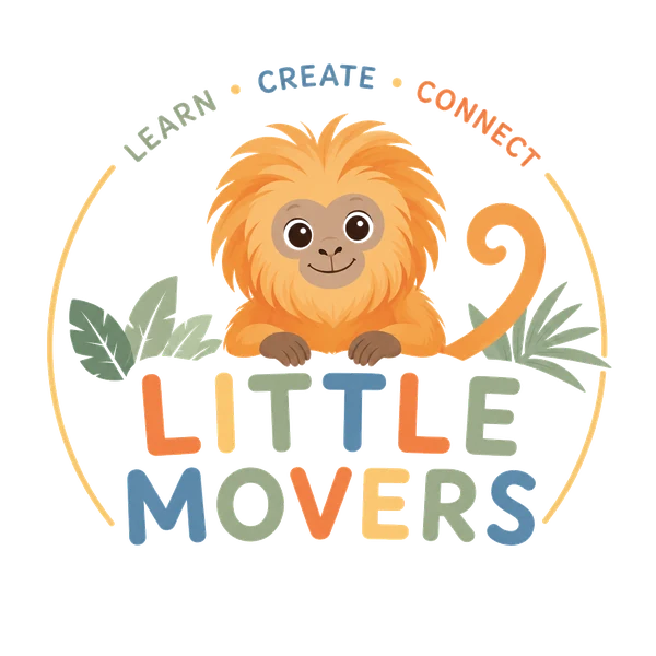 Little Movers logo with a friendly golden monkey and the words Learn, Create, Connect